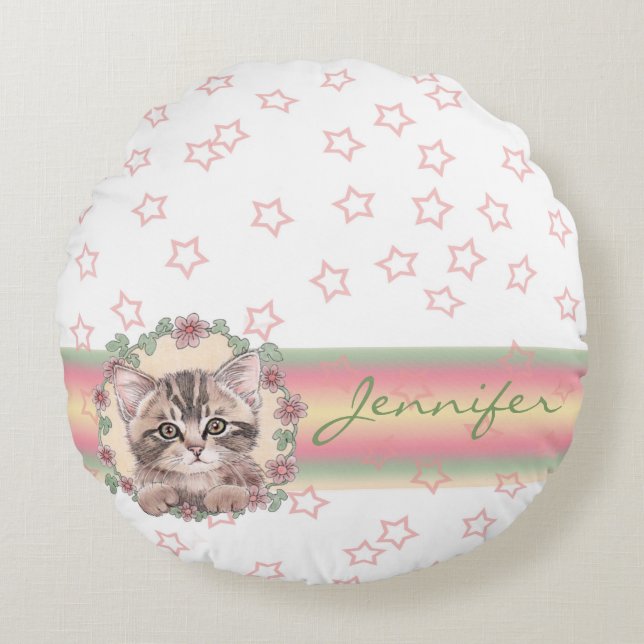 Monogrammed Cute Kitten Floral Pink Star Round Cushion (Front)