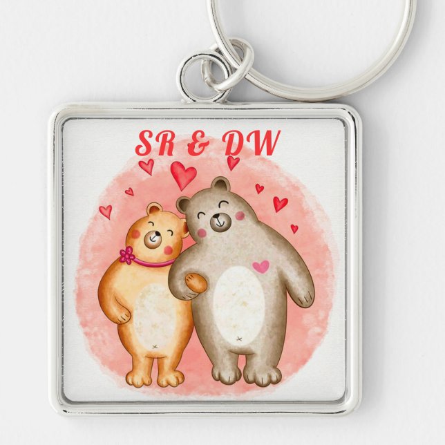 Monogrammed Cute Love Bears Key Ring (Front)