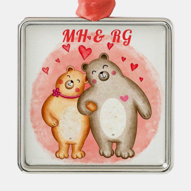 Monogrammed Cute Love Bears  Metal Tree Decoration (Front)