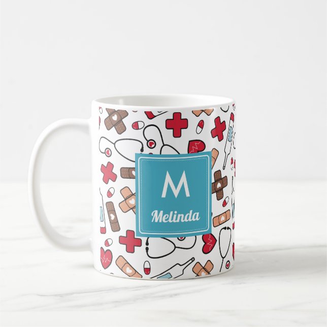 Monogrammed Cute Nurse Pattern Coffee Mug (Left)
