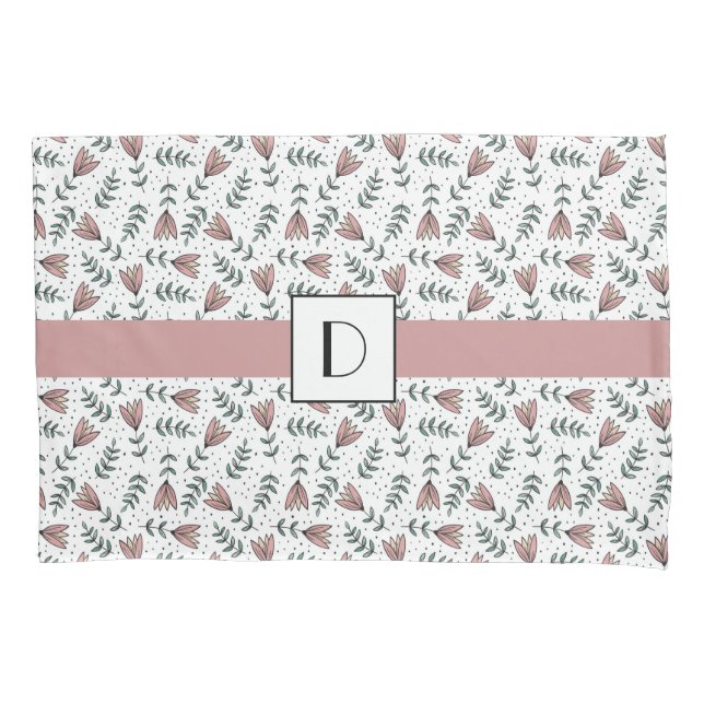 Monogrammed Cute Pink Floral Flowers Pattern Pillowcase (Front)