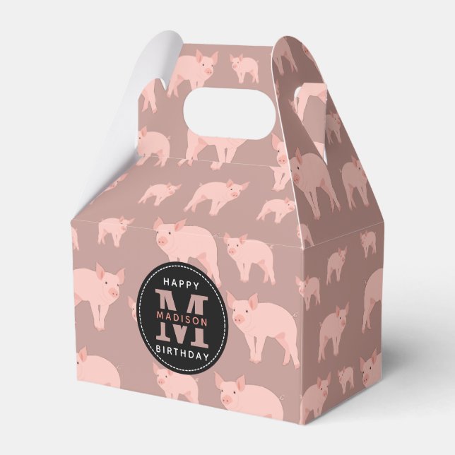 Monogrammed Cute Pink Pig Pattern Birthday Favour Box (Front Side)