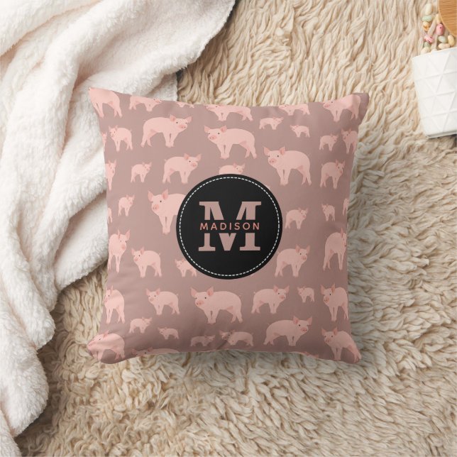 Monogrammed Cute Pink Pig Pattern  Cushion (Blanket)