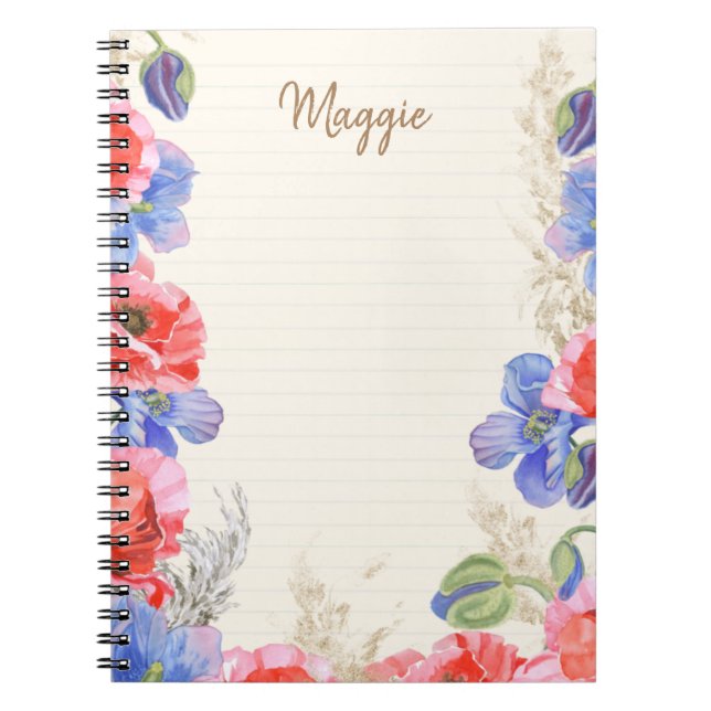 Monogrammed cute watercolor floral pink and blue   notebook (Front)