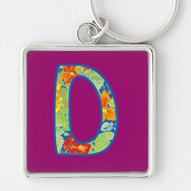 Monogrammed D, Ditsy Floral Pattern Key Ring (Front)