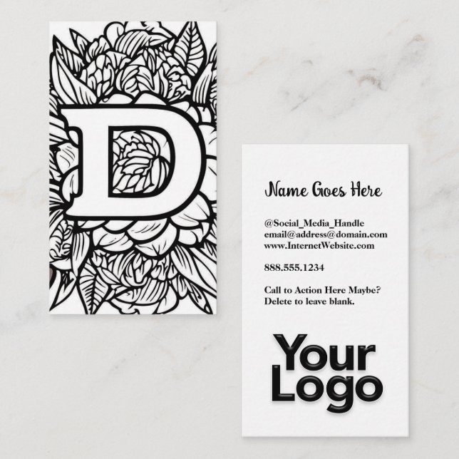 Monogrammed D Floral Black and White Company Logo  Business Card (Front/Back)