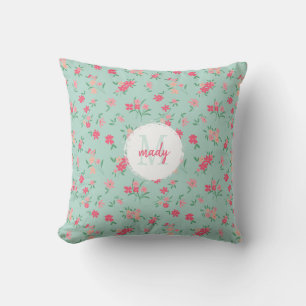 Monogrammed Dainty Pink Flowers On Teal Cushion