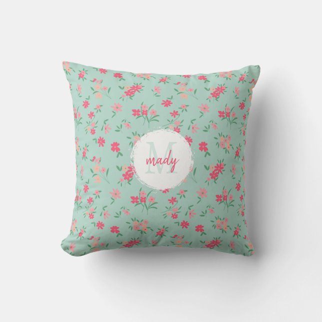 Monogrammed Dainty Pink Flowers On Teal Cushion (Front)