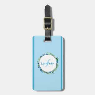 Monogrammed Dainty Sky Blue Floral Wreath Luggage Tag