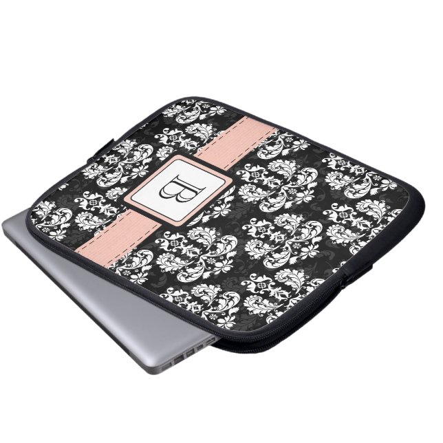 Monogrammed Damask Laptop Case Sleeve Pink Black (Front Bottom)