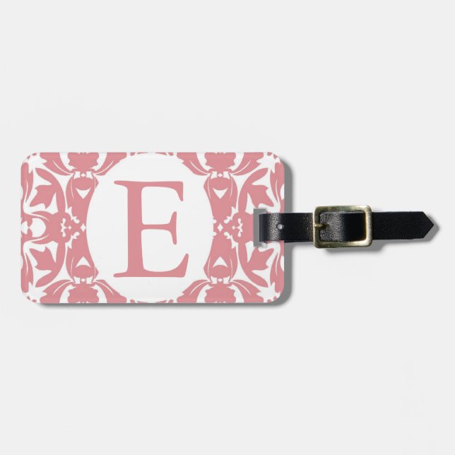 Monogrammed Damask Luggage Tag Pink & White (Front Horizontal)