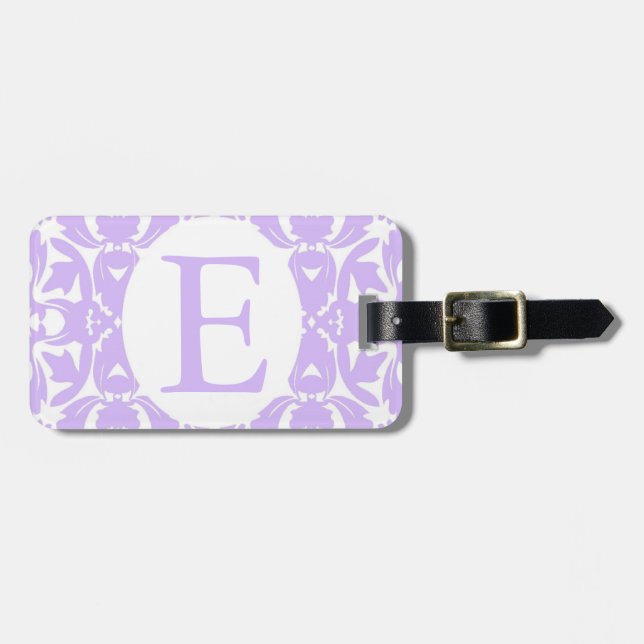 Monogrammed Damask Luggage Tag Purple & White (Front Horizontal)