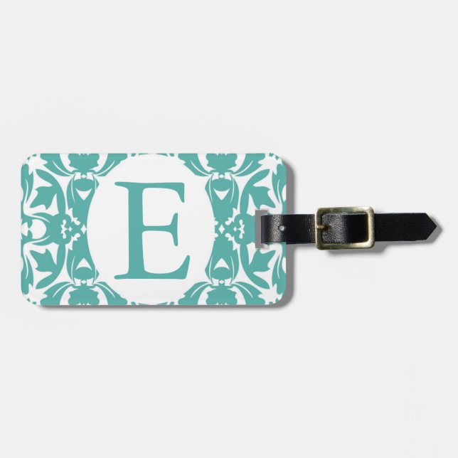 Monogrammed Damask Luggage Tag Teal & White (Front Horizontal)