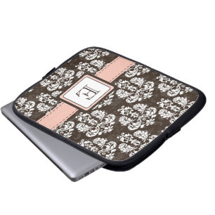 Monogrammed Damask Pink Brown Laptop Sleeve Case