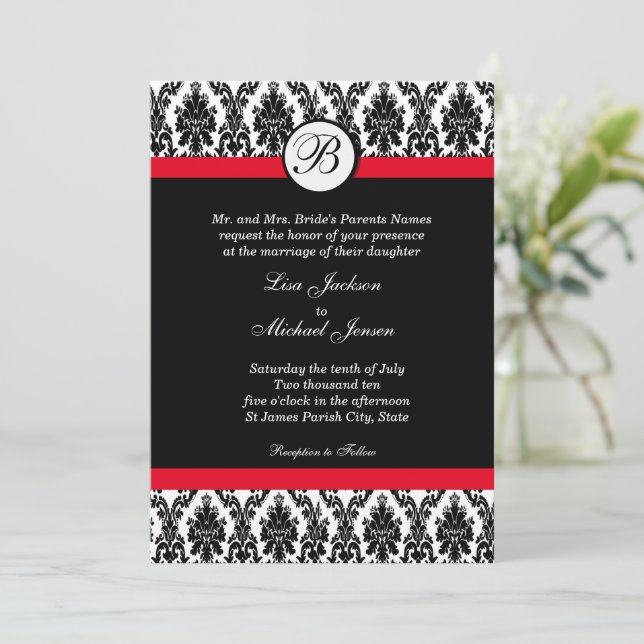Monogrammed Damask with Red Wedding Invitation (Standing Front)