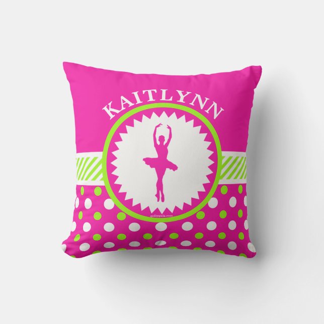 Monogrammed Dancer Pink and Green Polka-Dots Cushion (Front)