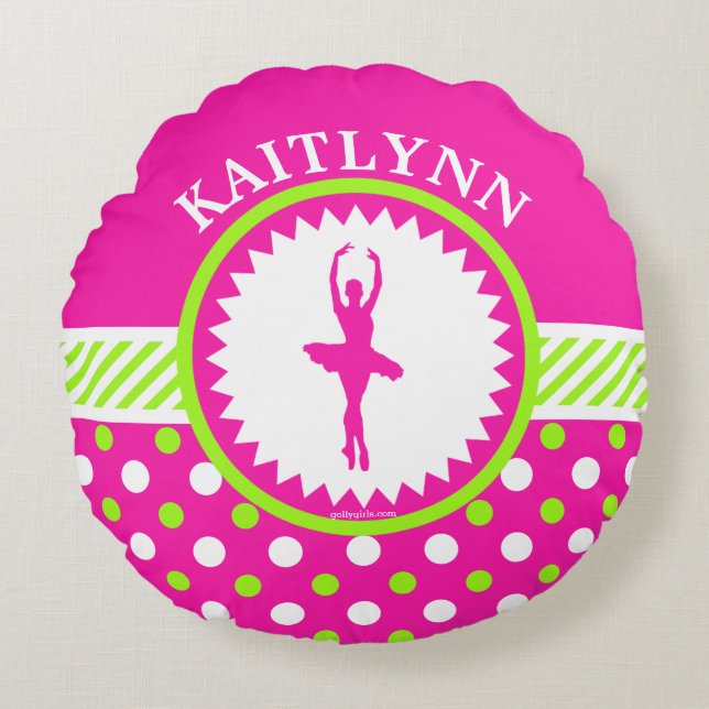 Monogrammed Dancer Pink and Green Polka-Dots Round Cushion (Front)