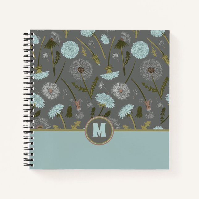 Monogrammed Dandelion Flowers Grey Blue Notebook (Front)