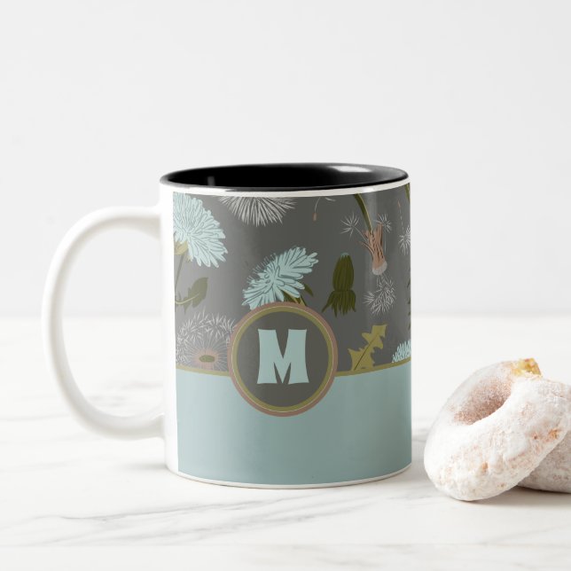 Monogrammed Dandelion Grey Blue Flowers Two-Tone Coffee Mug (With Donut)