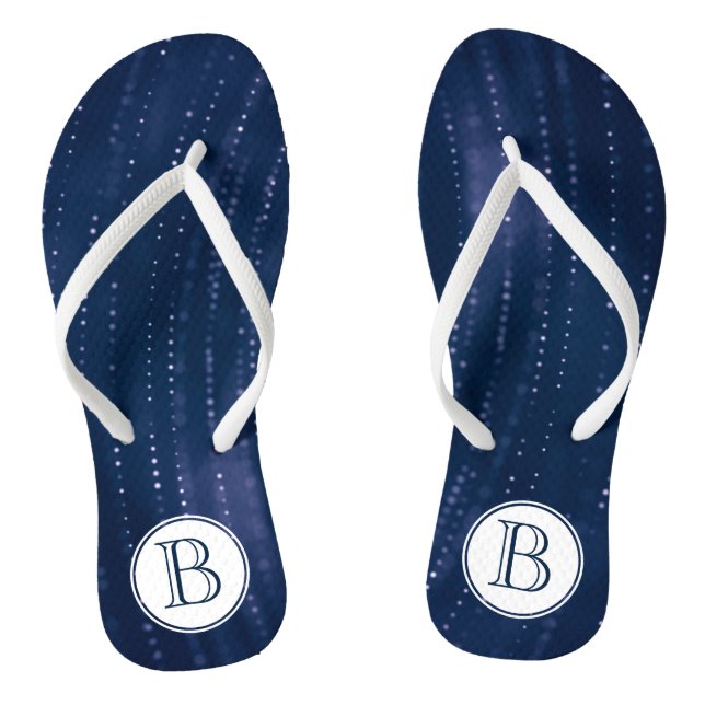 Monogrammed Dark Blue Abstract w White Dots Flip Flops (Footbed)