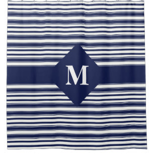 Monogrammed Dark Blue and White Stripes Shower Curtain