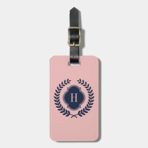 Monogrammed Dark Blue & Pink Wreath Crest Luggage Tag