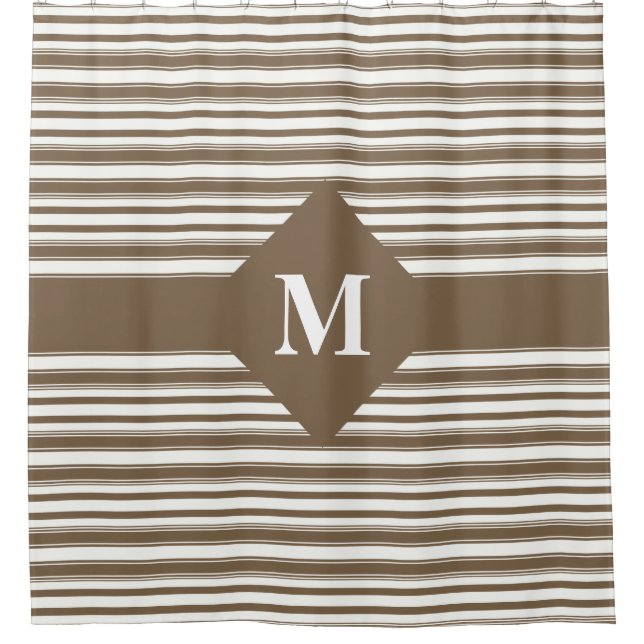 Monogrammed Dark Brown and White Stripes Shower Curtain (Front)