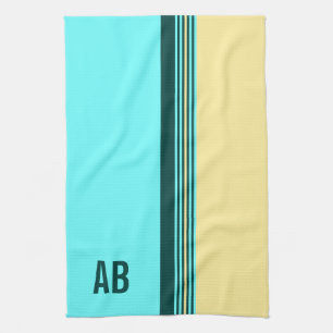 Monogrammed Dark Green Yellow Blue Stripes Tea Towel