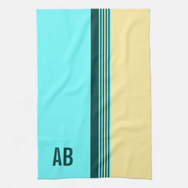 Monogrammed Dark Green Yellow Blue Stripes Tea Towel (Vertical)