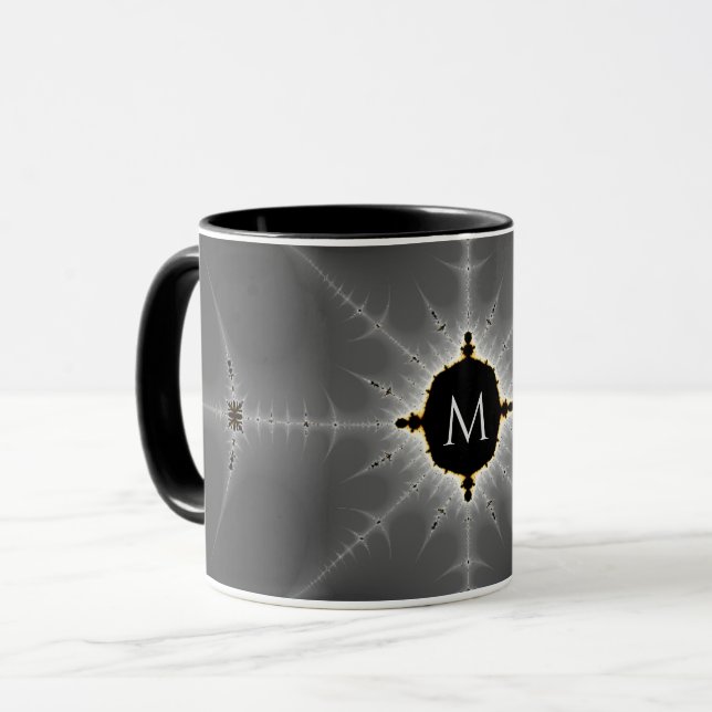 Monogrammed Dark Grey and Black Fractal Mug (Front Left)
