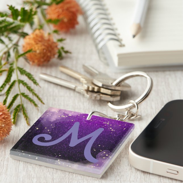 monogrammed dark purple glitter sparkles    key ring (Front Right)