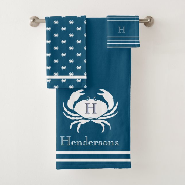 Monogrammed Dark Teal Blue White Crab Nautical  Bath Towel Set (Insitu)