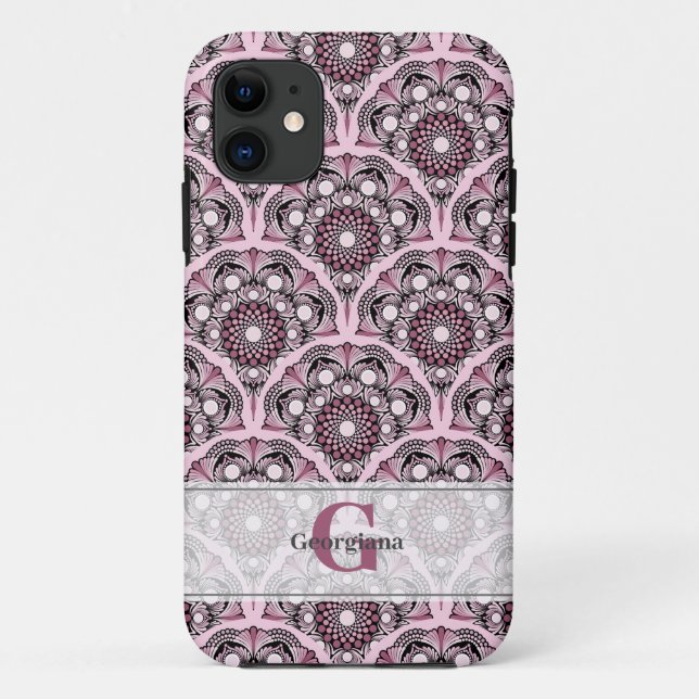Monogrammed Deco Dusky Rose Cherry Blossom Mandala Case-Mate iPhone Case (Back)