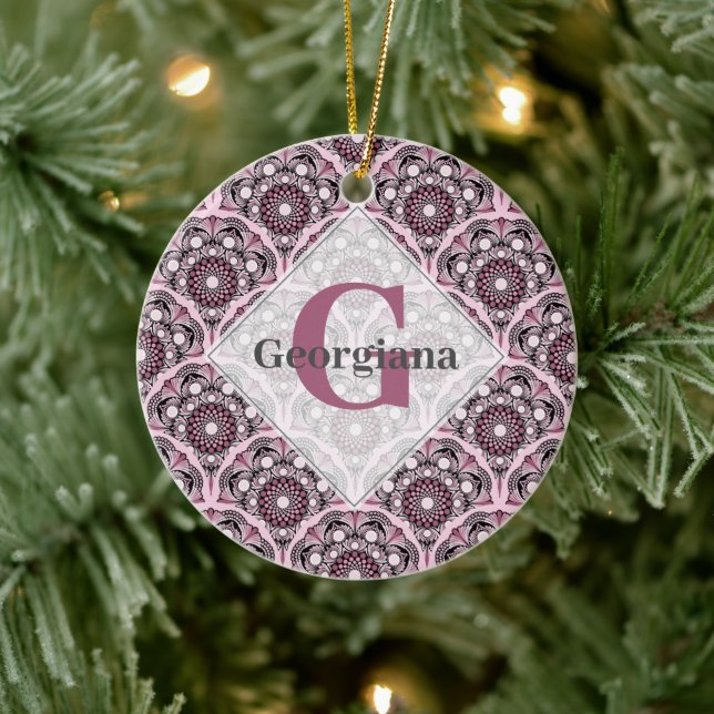 Monogrammed Deco Dusky Rose Cherry Blossom Mandala Ceramic Tree Decoration (Tree)