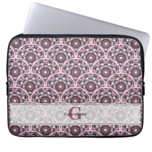 Monogrammed Deco Dusky Rose Cherry Blossom Mandala Laptop Sleeve