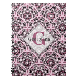 Monogrammed Deco Dusky Rose Cherry Blossom Mandala Notebook