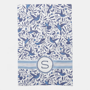 Monogrammed Delft Blue Birds & Leaf Pattern Tea Towel