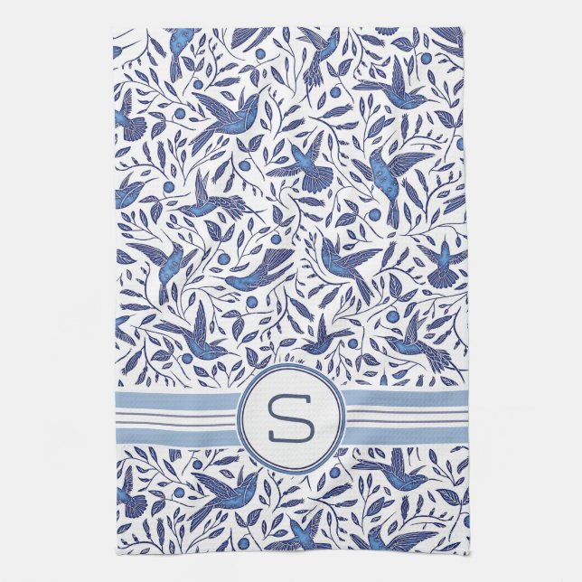 Monogrammed Delft Blue Birds & Leaf Pattern Tea Towel (Vertical)