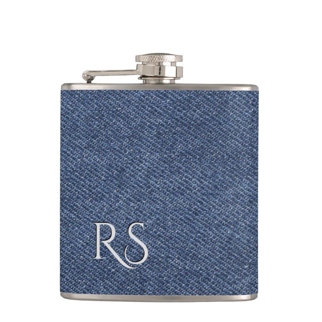 Monogrammed Denim Look Hip Flask (Front)