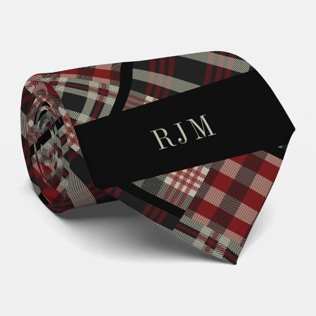 Monogrammed Diagonal Plaid in Deep Red Tie (Rolled)