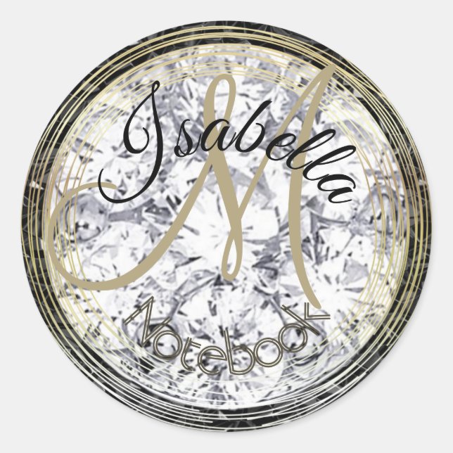 Monogrammed Diamond And Black Crystal Classic Round Sticker (Front)