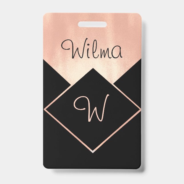 Monogrammed Diamond Logo Metallic Feminine Modern ID Badge (Front)