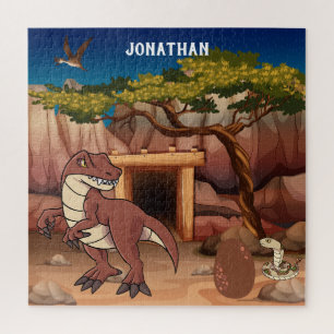 Monogrammed Dinosaurs in the jungle brown cute Jigsaw Puzzle