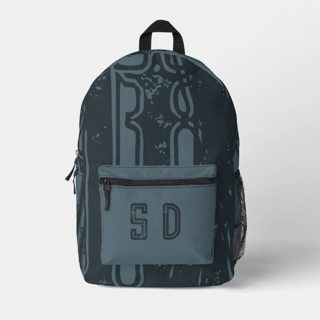 Monogrammed Distressed Cool Cadet Marble Blue Grey Printed Backpack (Front)