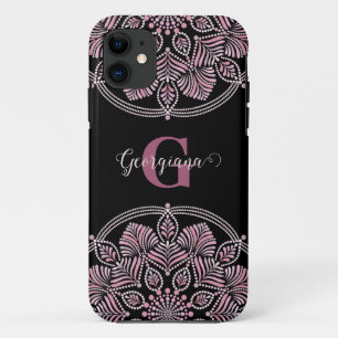 Monogrammed Dusky Rose Floral Fronds Dot Mandala iPhone 11 Case