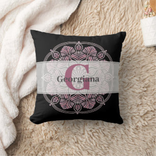 Monogrammed Dusky Rose Floral Fronds Dot Mandala Cushion