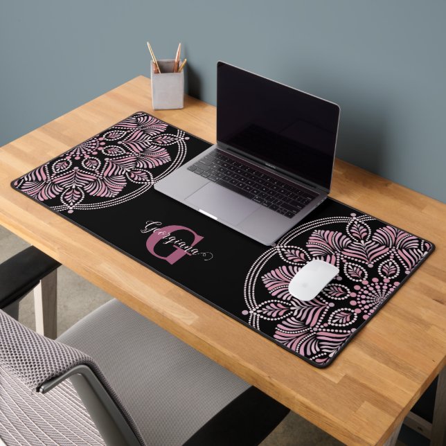 Monogrammed Dusky Rose Floral Fronds Dot Mandala Desk Mat (Office 2)
