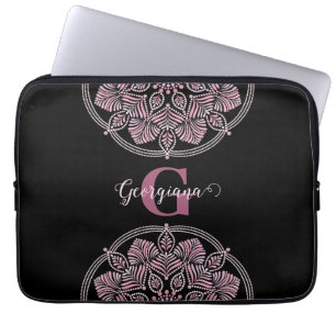 Monogrammed Dusky Rose Floral Fronds Dot Mandala Laptop Sleeve