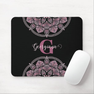 Monogrammed Dusky Rose Floral Fronds Dot Mandala Mouse Mat