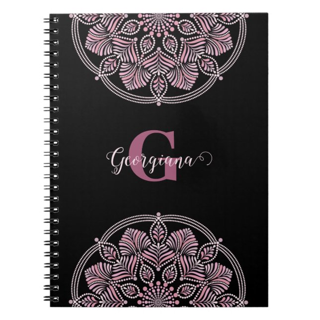 Monogrammed Dusky Rose Floral Fronds Dot Mandala Notebook (Front)